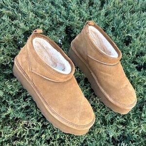Bearpaw Retro Super Shorty Women's Platform Booties Size 11 Chestnut Brown